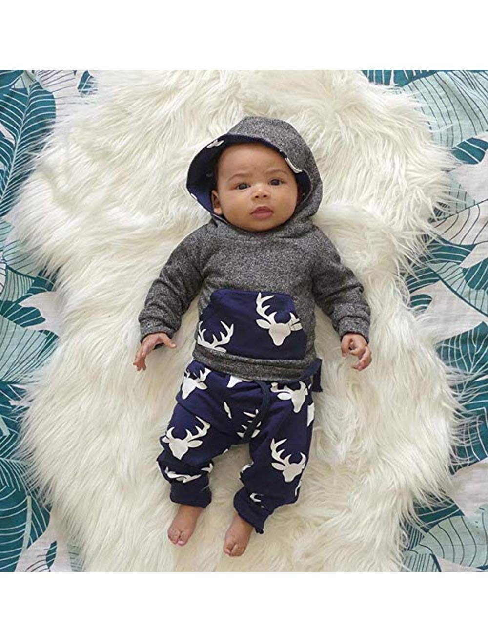 Oklady Infant Baby Boy Clothing Winter Deer Long Sleeve Hoodie Tops Sweatsuit Pants Outfit Set(3-6 Months)