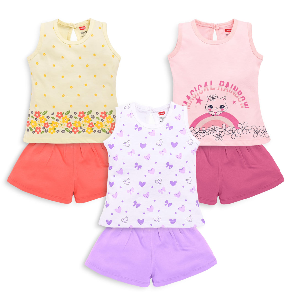 Luvlap Baby Girls 100% Cotton Sleeveless Girls Top & Shorts Sets Pack Of 3, Pink Rose, Off White & White, 23 Years