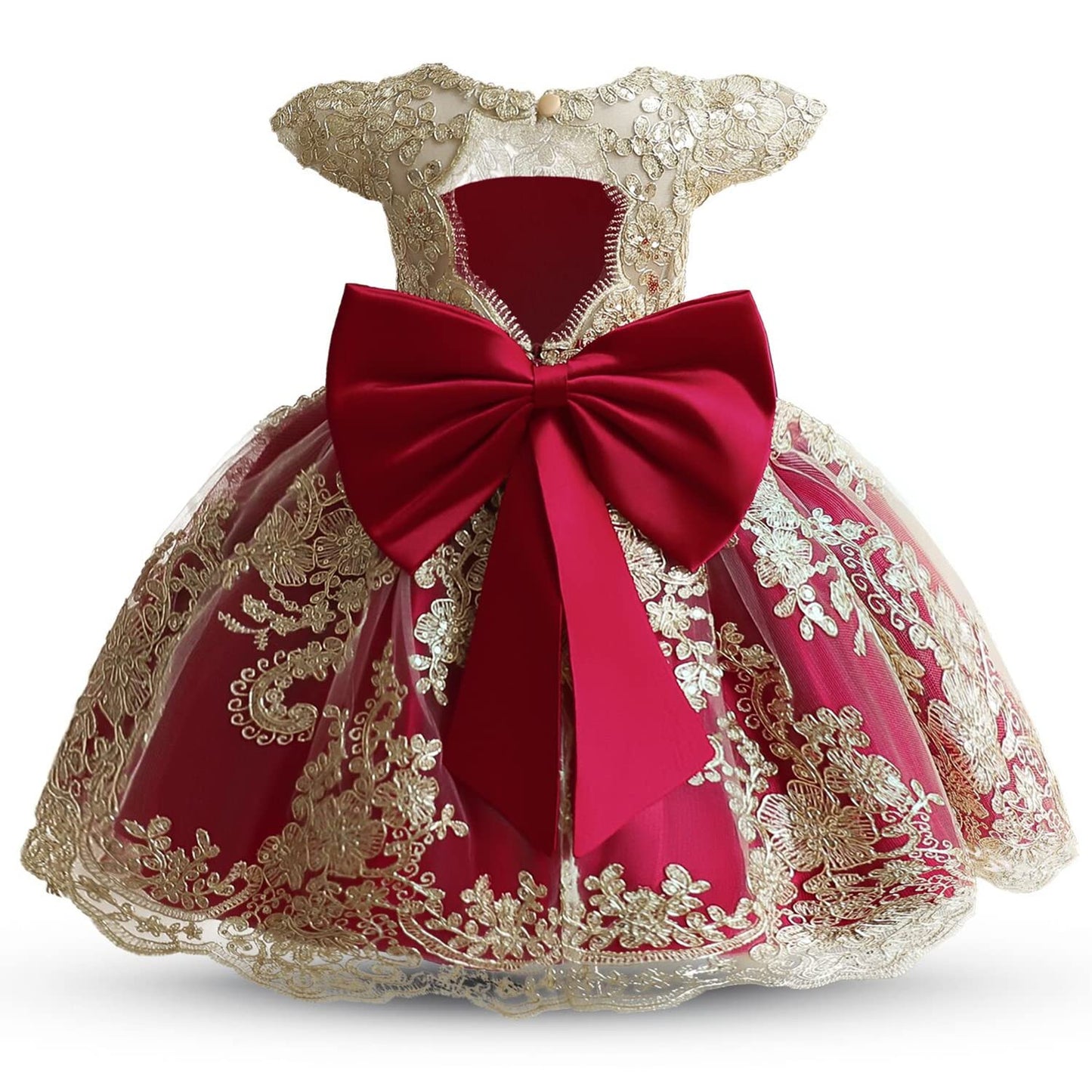 Nnjxd Baby Girl Dress Flower Embroidery Princesstutu Pageant Party Gown 2006 Deep Red Size(110) 3-4 Years
