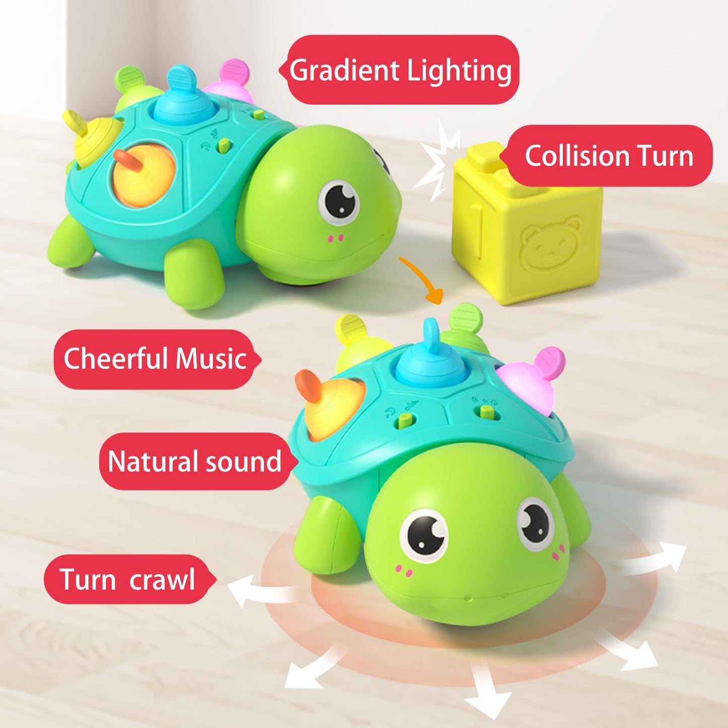 GeeKiPrime Baby Musical Crawling Toys 6 to 12 Months, Infant Turtle Light Up Toy for Teething Fine Motor Sleep Aid, Baby 7 8 9 1