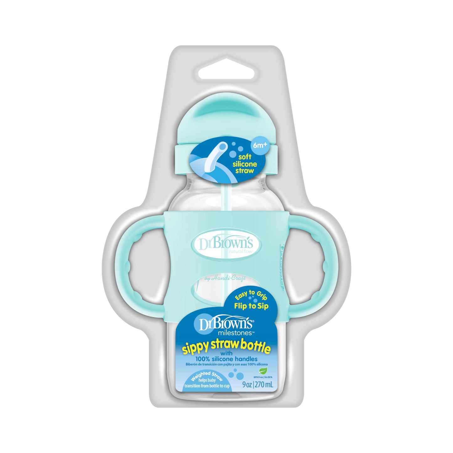 Dr. Brown'S Milestones Wide-Neck Sippy Straw Bottle With 100% Silicone Handles And Weighted Straw, 9 Oz/270 Ml, Green, 6M+