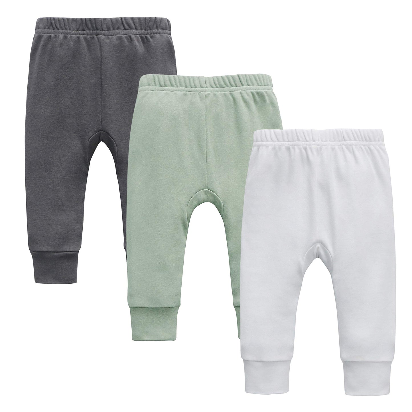 O2 Baby Organic Cotton Unisex Baby Jogger Pants, 3-Pack Pull-On Bottoms, Newborn Leggings (3-6 Months, Green/Gray/White)