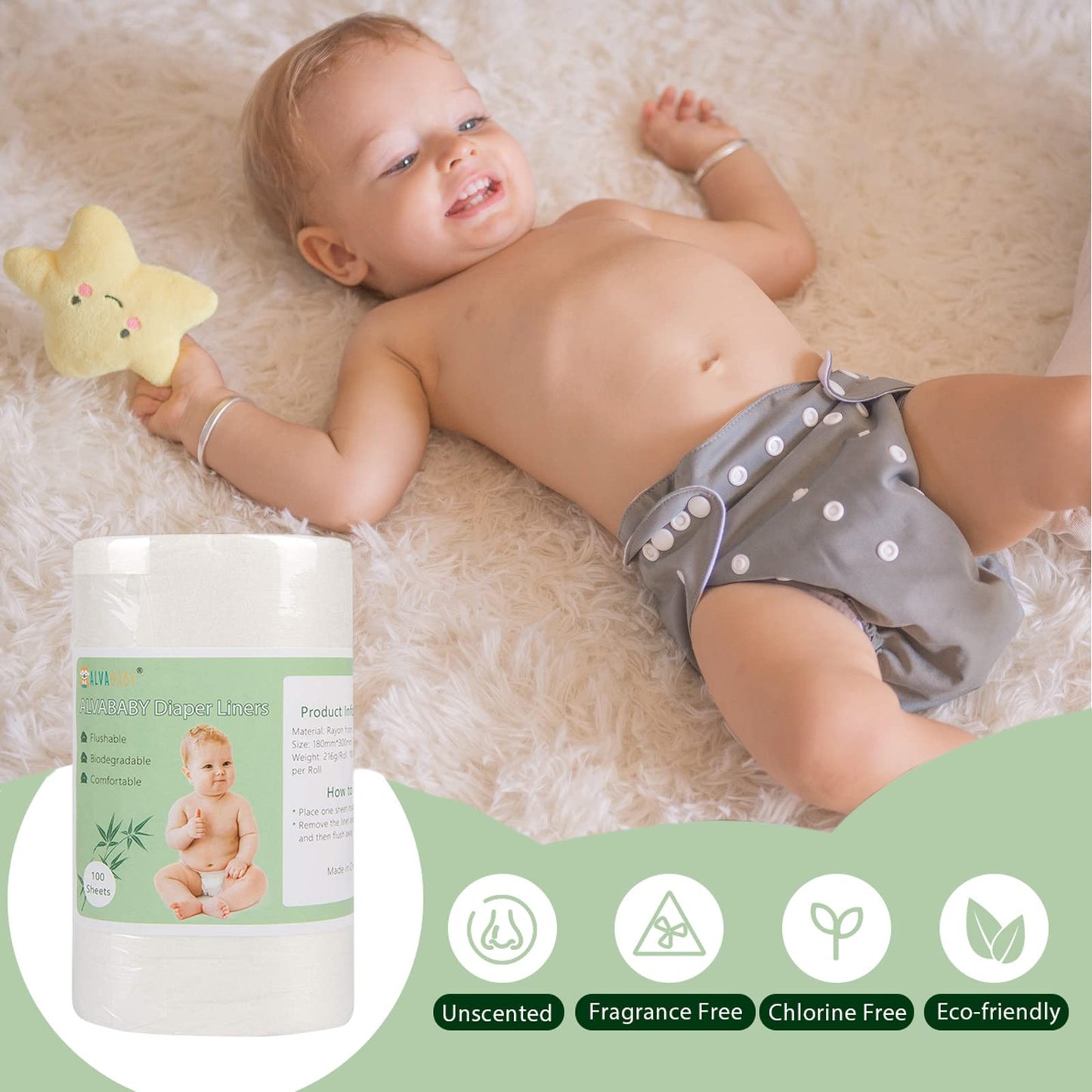 ALVABABY Diaper Liner for Baby Cloth Diapers 11.8x7.1 Inch Natural Soft Disposable Diaper Liners Fragrance Free Chlorine Free 10
