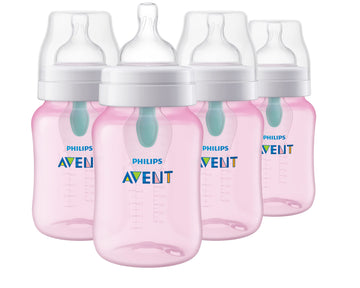 Philips Avent Anti-Colic Baby Bottle With Airfree Vent, 9Oz, With Flow 2 Nipples, 1M+, 4Pk, Pink, Scy703/14