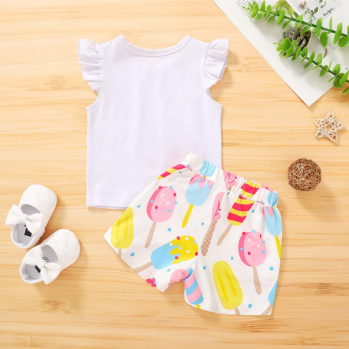 Younger Tree Toddler Baby Girl Summer Clothes Ice Cream Printed T-Shirt + Short Pants 2Pcs Girls Outfit Set (Ice Cream, 12-18 M)
