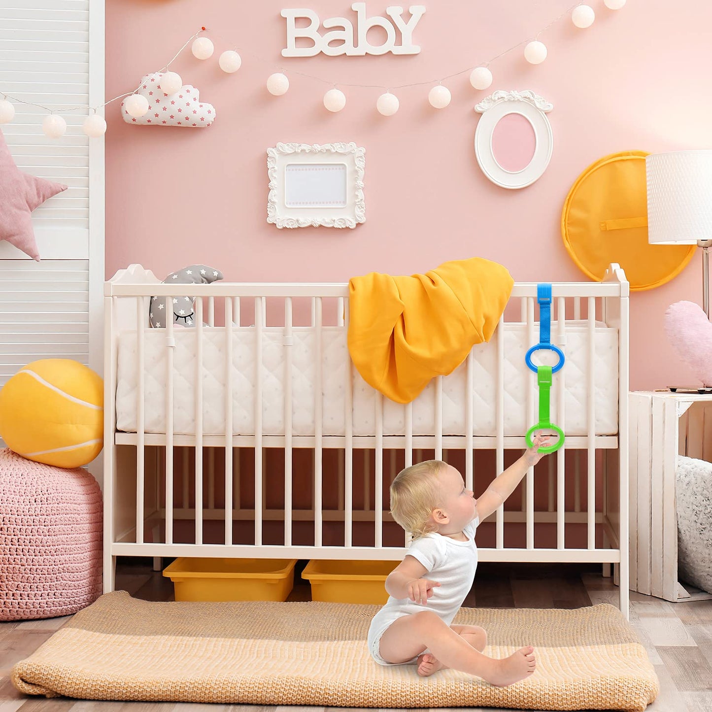 Baby Pull Up Rings, 2 Pcs Bed Stand Up Assistant, Play Gym Crib Pull Ring For Toddler Kids Children Walking Training Tool(Blue A