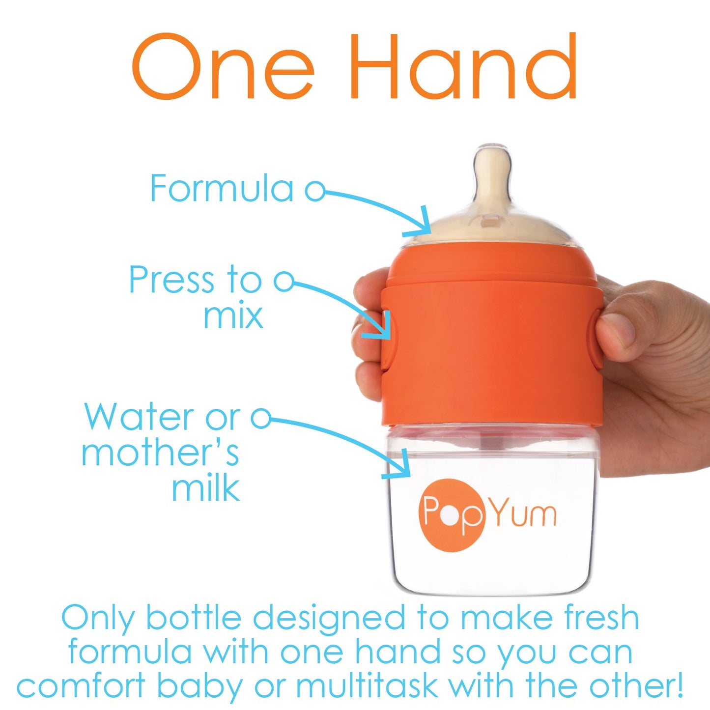 Popyum 5 Oz Orange Anti-Colic Formula Making/Mixing/Dispenser Baby Bottles, 2-Pack With #1 Slow Flow Nipples, 150 Ml, Bpa-Free,
