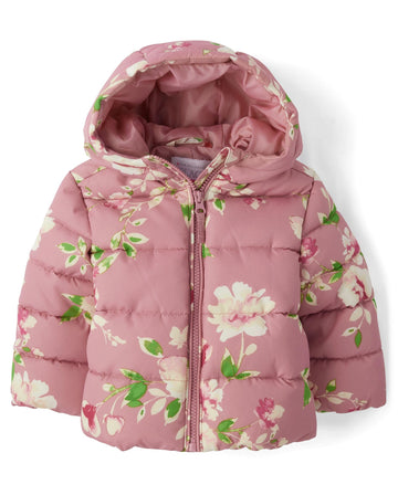 The Children'S Place Baby Girls' And Toddler Medium Weight Puffer Jacket, Wind, Water-Resistant, Mauve Floral