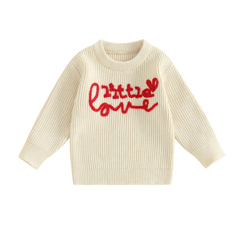My First Valentines Day Baby Girl Outfit Baby Valentines Day Sweater Love Embroidery Knit Pullover Sweatshirt Top(E-Beige Little