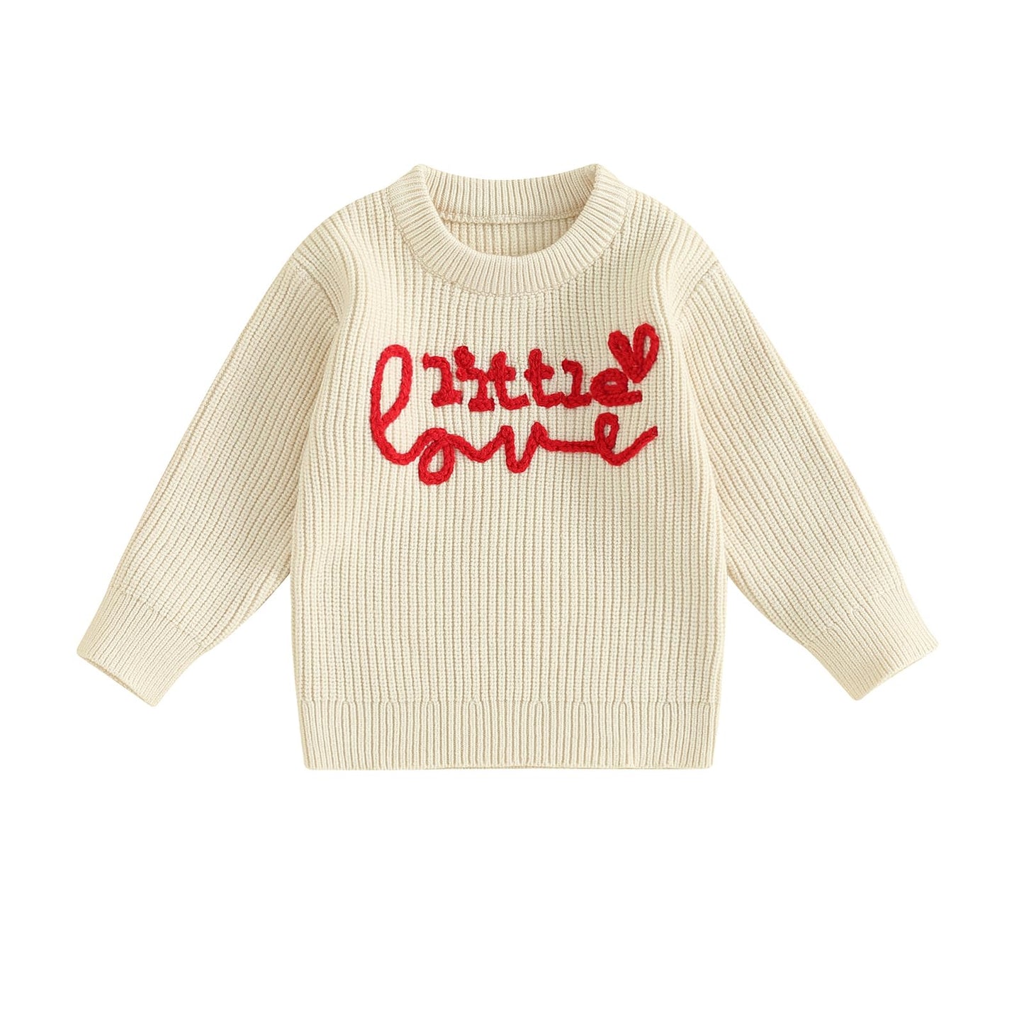 Toddler Girl Valentines Day Outfit Cute Valentines Day Sweater Little Love Embroidery Knit Pullover Sweatshirt Top(E-Beige Littl