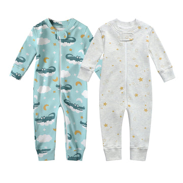 Owlivia Organic Cotton Baby Boy Girl Zip Up Sleep N Play, Footless, Long Sleeve(12-18 Months, Crocodile & Golden Star)