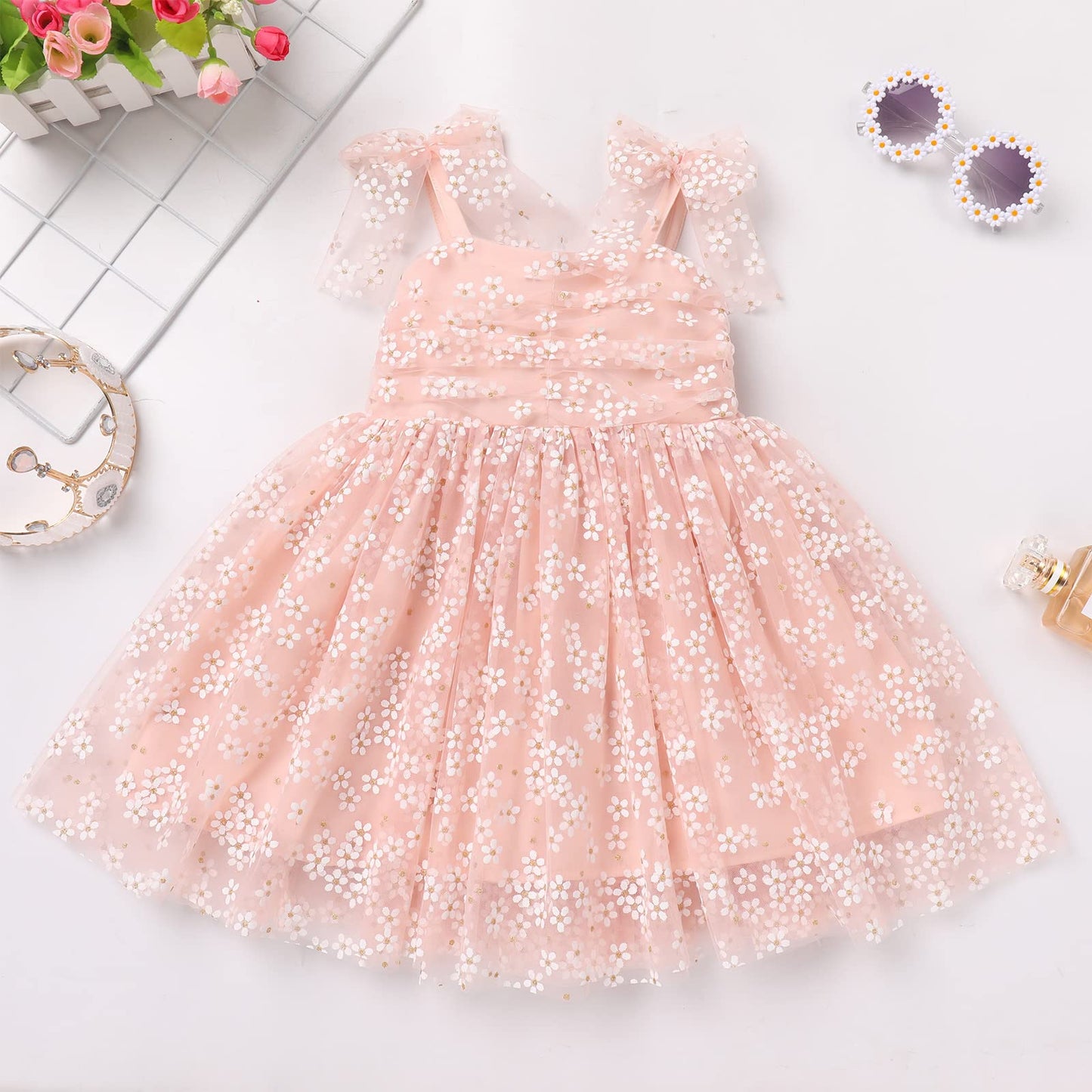 1St Birthday Girl Dress Outfit Baby Boho Floral Tulle Dress Sleeveless Spaghetti Straps Princess Tutu Dress Toddler Cake Smash P