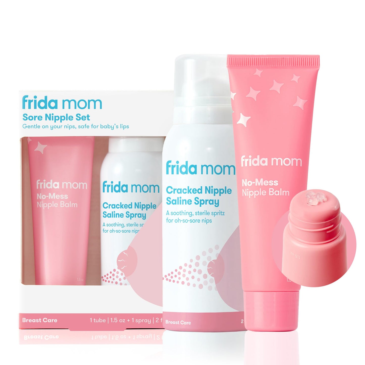 Frida Mom Nipple Cream and Saline Spray Set, Breastfeeding Essentials for New Moms, Cracked Nipple Saline Spray and No-Mess Crea