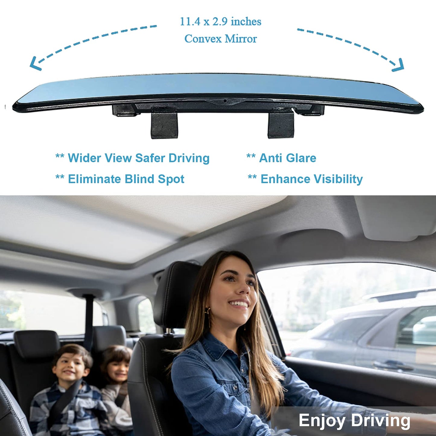 Universal 11.4 Inch Clip On Rearview Mirror - Anti Glare, Wide Angle - Convex - Blue Tint (Bonus 2 PCS Blind Spot Mirrors)