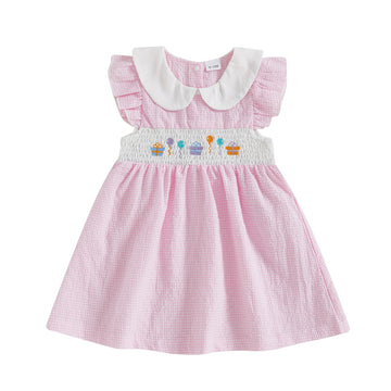 First 2nd 3rd Birthday Outfit Girl Smocked Doll Collar Birthday Girl Dress Dresses Boho Toddler Baby Girl Clothes (Doll Collar P