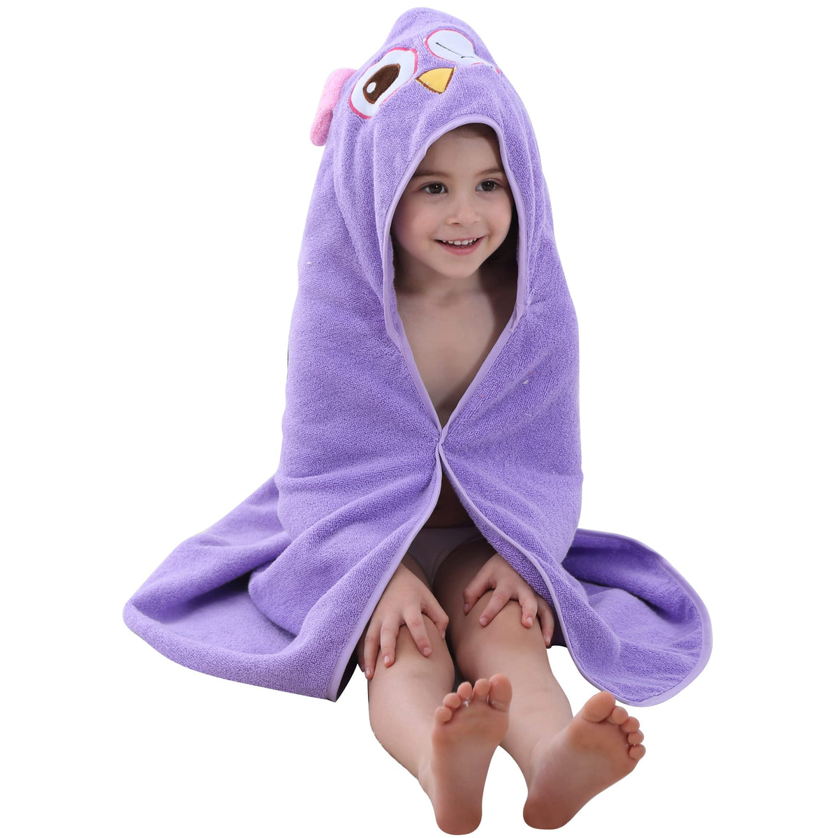 MICHLEY Toddler Hooded Bath Towels for 06T, Baby Essentials Cotton Absorbent Kids Washcloth (Owl)