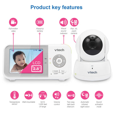 Vtech Vm923 Baby Monitor, 2.8    Screen, Pan-Tilt-Zoom, 1000Ft Long Range, Night Vision, 2-Way Audio, Temperature Sensor, Lullab