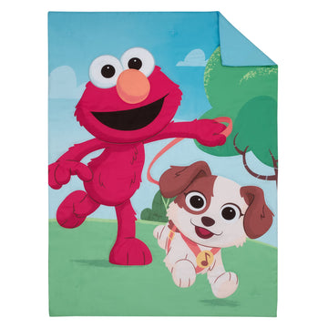 Sesame Street Furry Friends Blue, Green And Red Elmo And Puppy 4 Piece Toddler Bed Set - Comforter, Fitted Bottom Sheet, Flat To