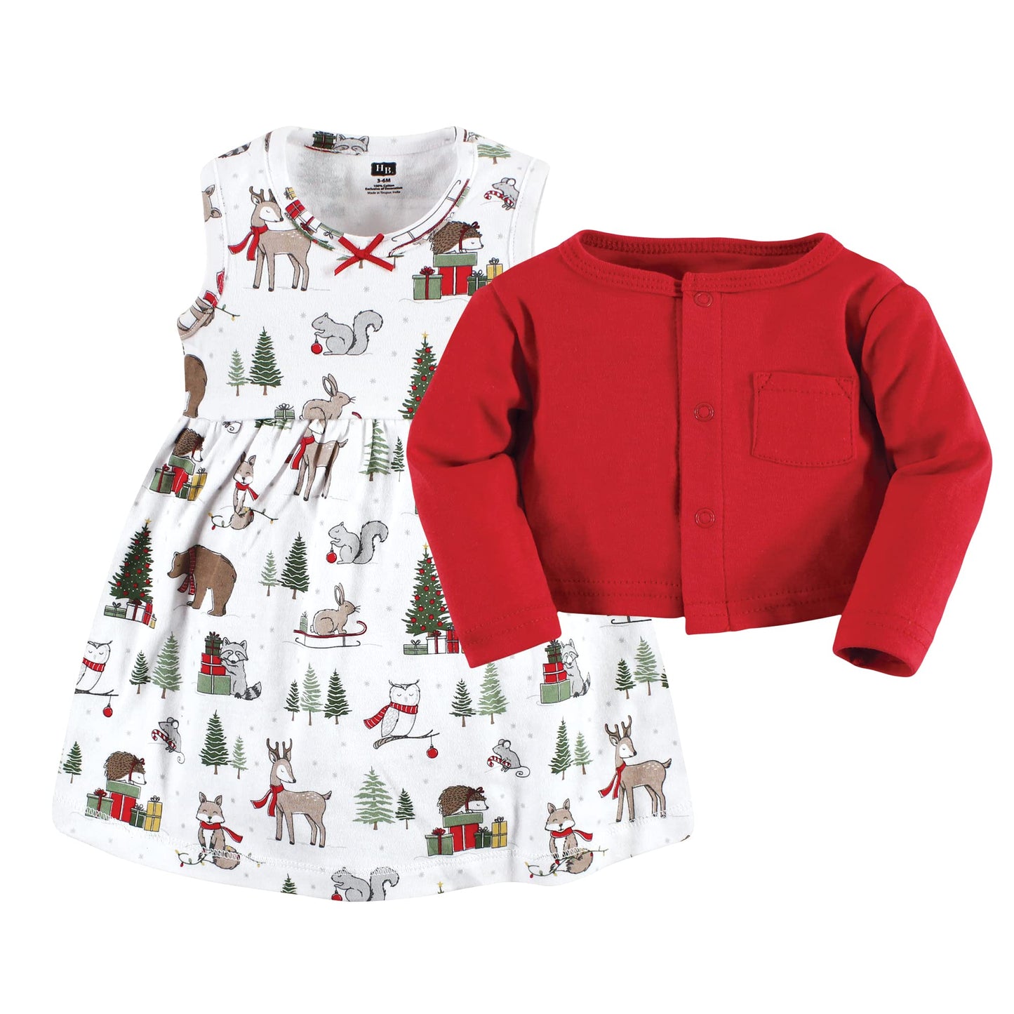 Hudson Baby Baby Girls' Cotton Dress And Cardigan Set, Red Winter Forest, 3T