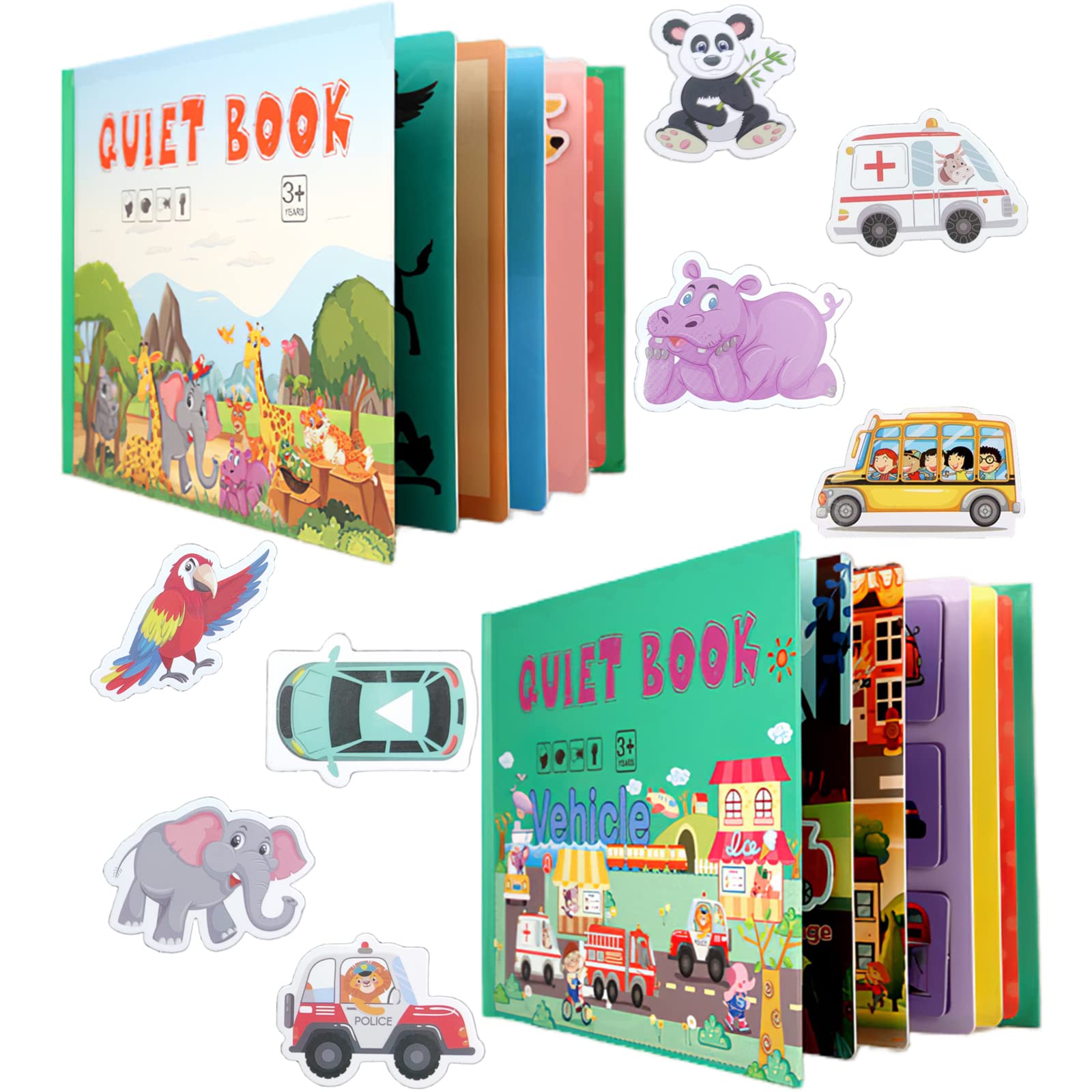 MIKNEKE 2 Pack DIY Quiet Book for Toddler, Montessori Busy Book for Kids to Develop Learning Skills, Animal Vehicle Preschool Le