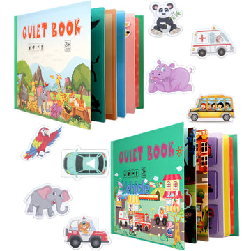 MIKNEKE 2 Pack DIY Quiet Book for Toddler, Montessori Busy Book for Kids to Develop Learning Skills, Animal Vehicle Preschool Le