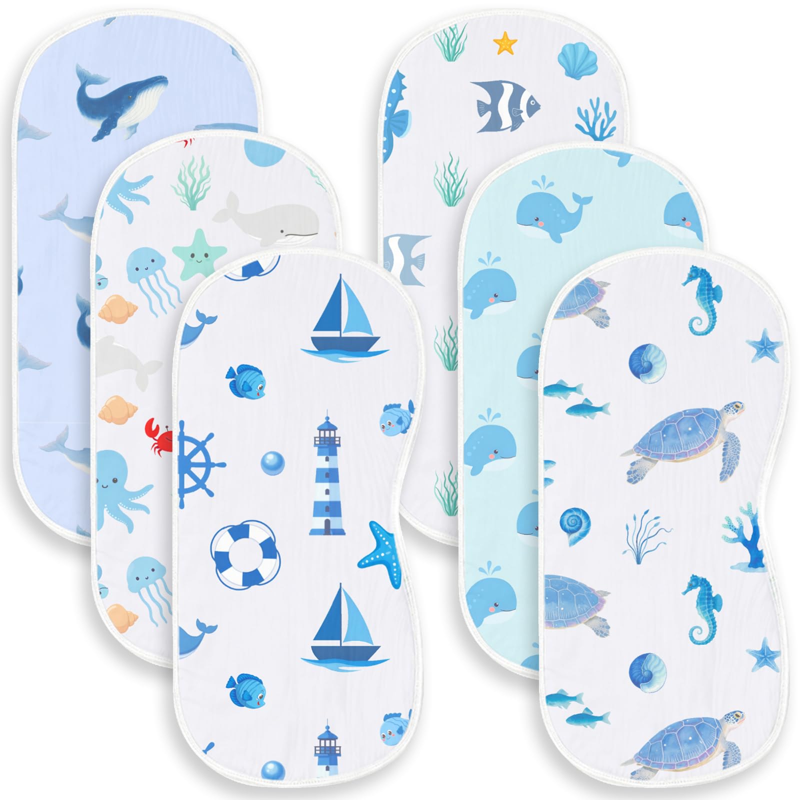 Spriggenix 6 Pack Blue Burp Cloths Baby Boys Girls with Ocean Animals Pattern, Large Cotton Burping Clothes for Newborns Gifts E