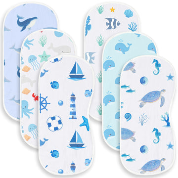 Spriggenix 6 Pack Blue Burp Cloths Baby Boys Girls with Ocean Animals Pattern, Large Cotton Burping Clothes for Newborns Gifts E