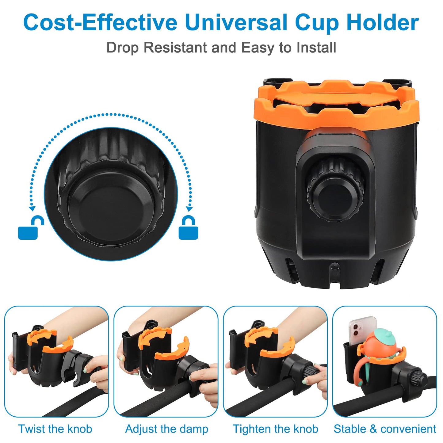 Accmor Stroller Cup Holder With Phone Holder, Bike Cup Holder, 2-In-1 Universal Cup Phone Drinks Holder For Stroller Walker Whee