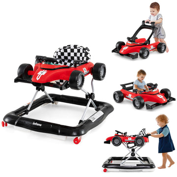 INFANS 4 in 1 Baby Walker, Foldable Toddler Activity Center with Adjustable Height, Padded Seat, Music, Light, Removable Tray, P