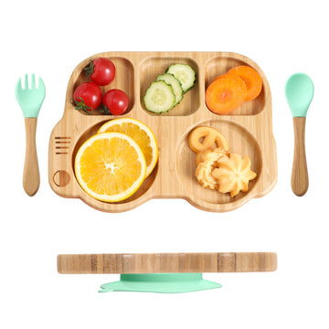 Suction Plates For Baby & Toddler, Bamboo Divided Platter Feeding Dishes With Silicone Fork& Spoon, All-Natural Baby Food Plate