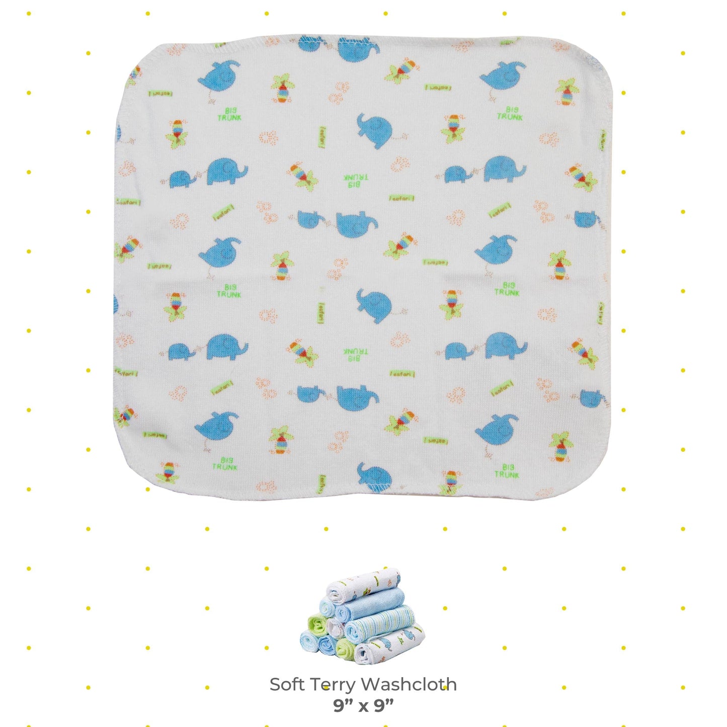 Spasilk Washcloth Wipes Set For Newborn Boys And Girls, Soft Terry Washcloth Set, Pack Of 20, Blue Elephant