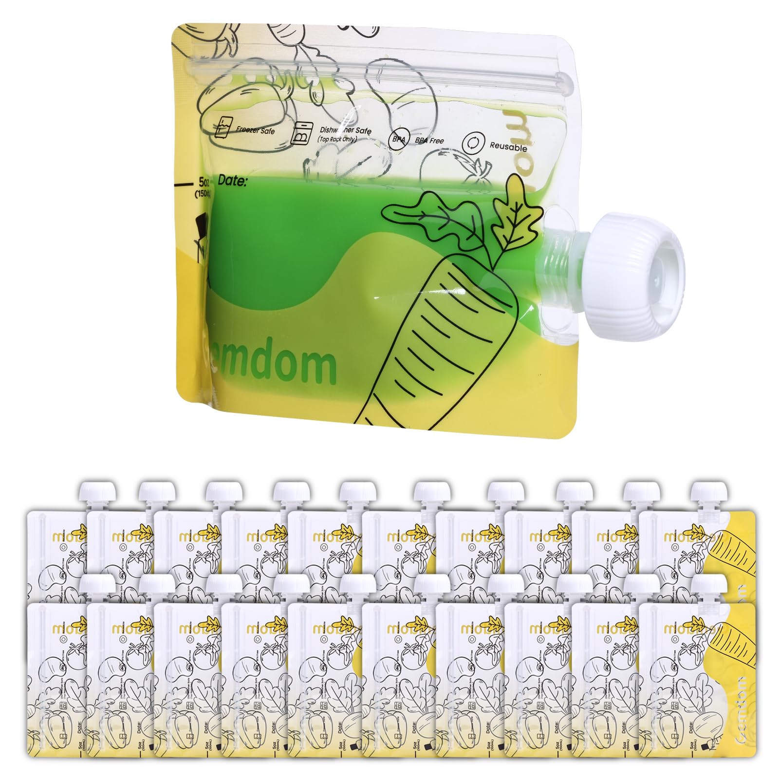 Gemdom 20 Pack Reusable Baby Food Pouches For Toddlers, Refillable Squeeze Pouch For Applesauce Yogurt Homemade Organic Puree Ju