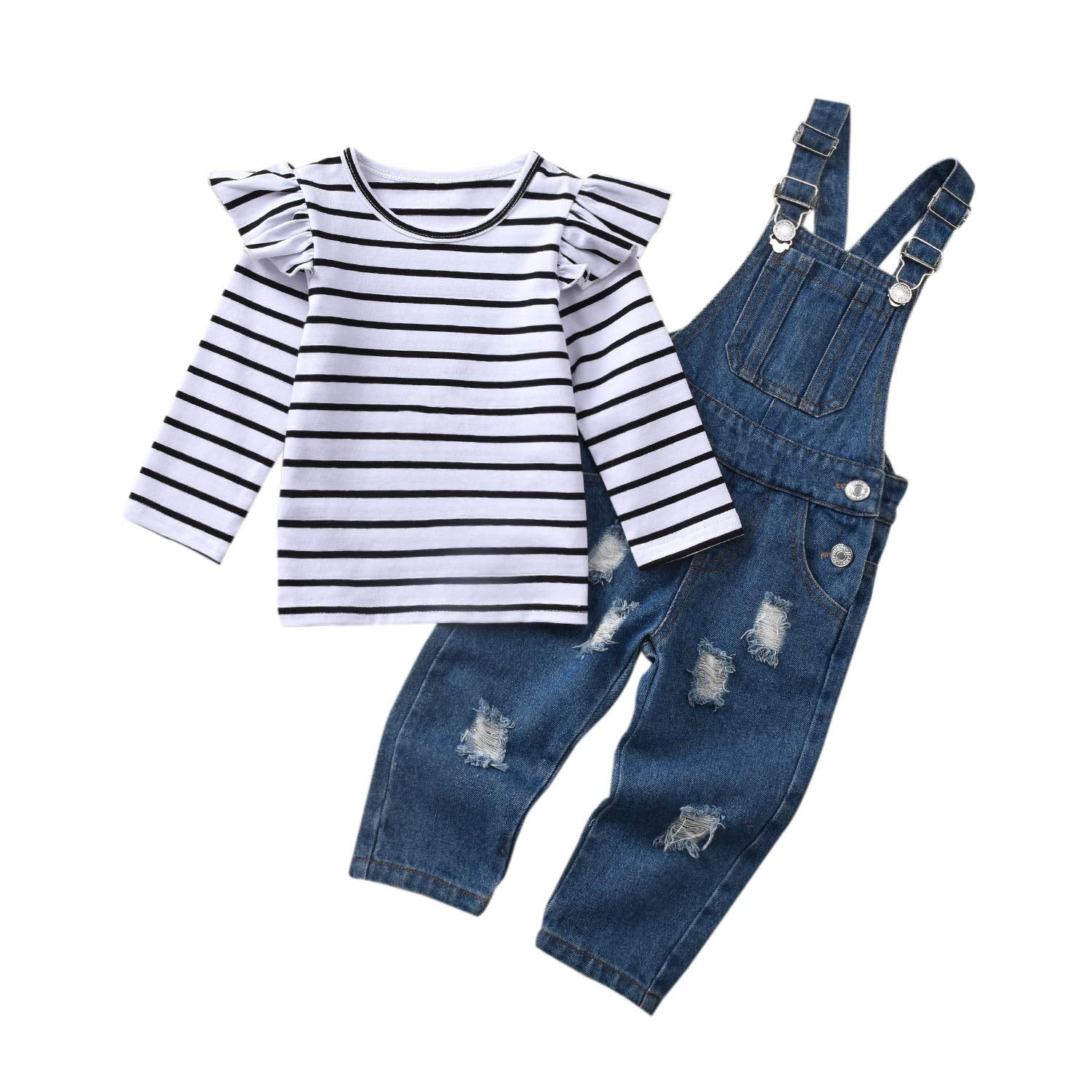 Hintina 2Pcs Baby Girls Clothes Toddler Jumpsuit Rompers Adjustable Ripped Jeans WBBAPB07XYVZC6D