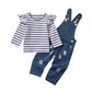 Hintina 2Pcs Baby Girls Clothes Toddler Jumpsuit Rompers Adjustable Ripped Jeans Overalls Set With Long Sleeve Stripe T-Shirt