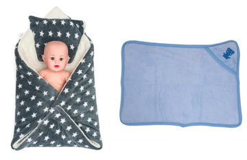 CTMKIDS Baby Wrap with Cushion Cap for Kids 74x84 cm  Grey & Hooded Baby Blanket for Kids 66x92 cm  Blue