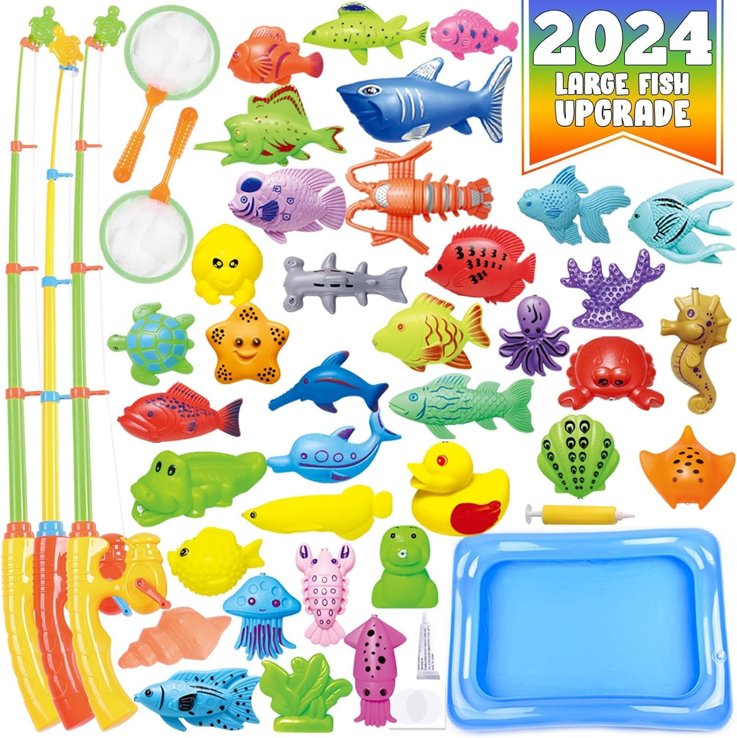 CozyBomB Kids Pool Fishing Toys Games | Summer Magnetic Floating Toy Magnet Pole Rod Fish Net Water Table Bathtub Bath Game, Lea