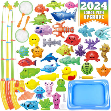 CozyBomB Kids Pool Fishing Toys Games | Summer Magnetic Floating Toy Magnet Pole Rod Fish Net Water Table Bathtub Bath Game, Lea