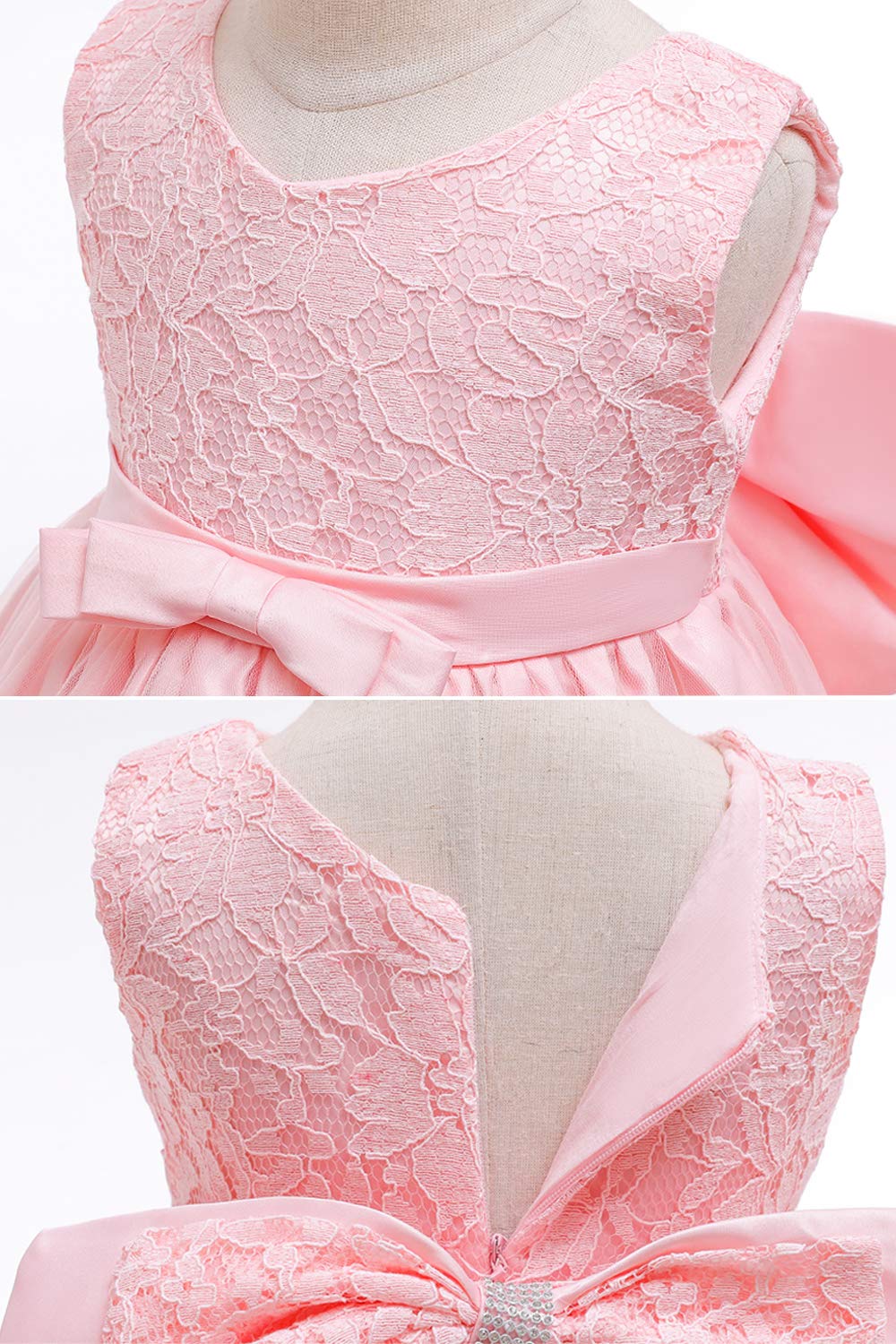 Lzh Baby Toddler Lace Dress Girls First Baptism Elegant Embroidery Wedding Party Flower Bridesmaid Bowknot Dresses Up, Meat Pink