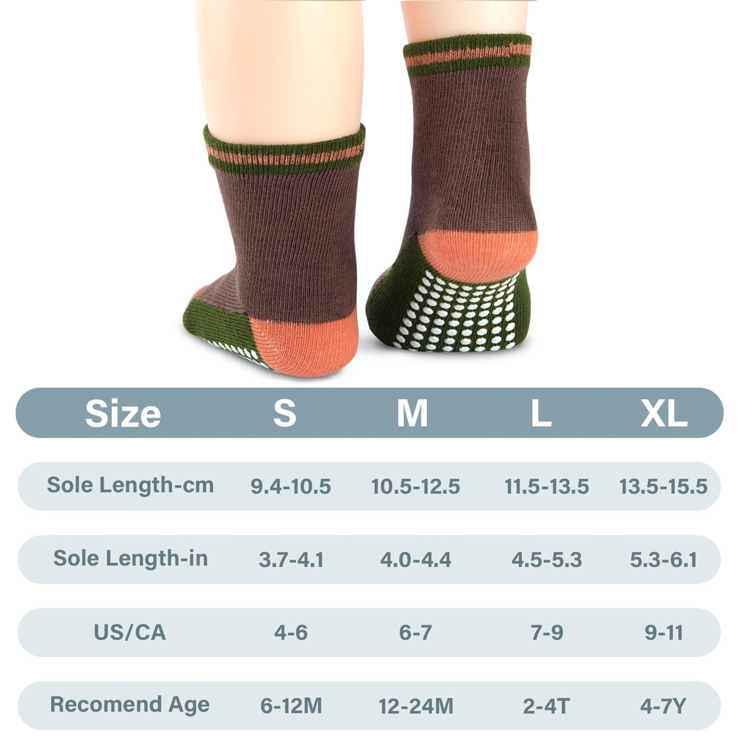 Jakidar 12 Pairs Baby Socks Cotton Crew Toddler Socks Grips Non Slip Bottom Kids Socks, Blue Green Brown 4-7T