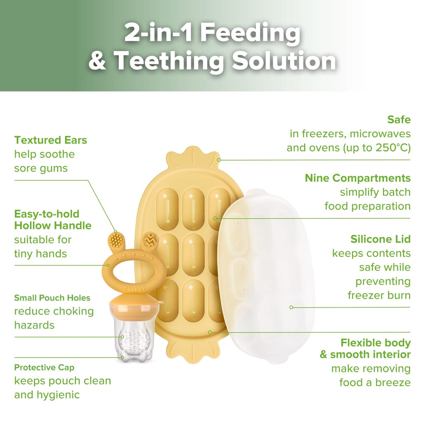 Haakaa Baby Fruit Food Feeder & Silicone Nibble Tray Combo - Breastmilk Popsicle Mold For Baby Cooling Relief, Bpa Free Baby Mes