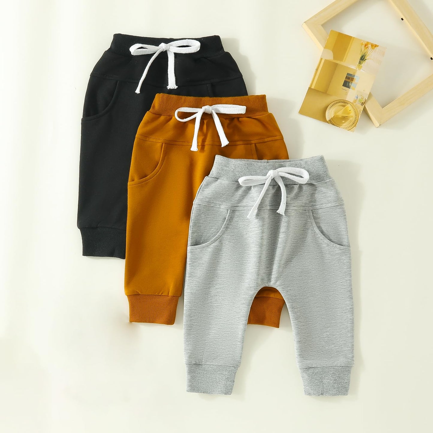 Yoawdats Baby Boys' 3-Pack Pull-On Jogger Pants Knit Pants Classic Fit Elastic Waist Kids Toddler Pants Multipacks Long Pants Bl