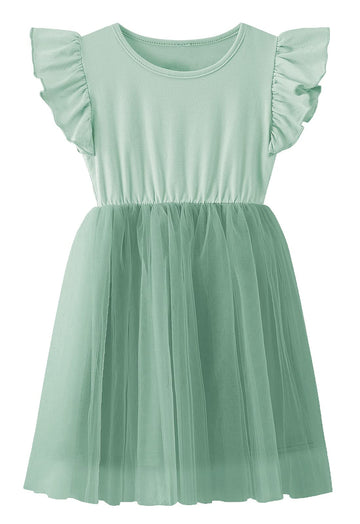Lyxiof Girls Tutu Dress Casual Tulle Summer Solid Color Ruffle Sleeve Dress Green 130Cm