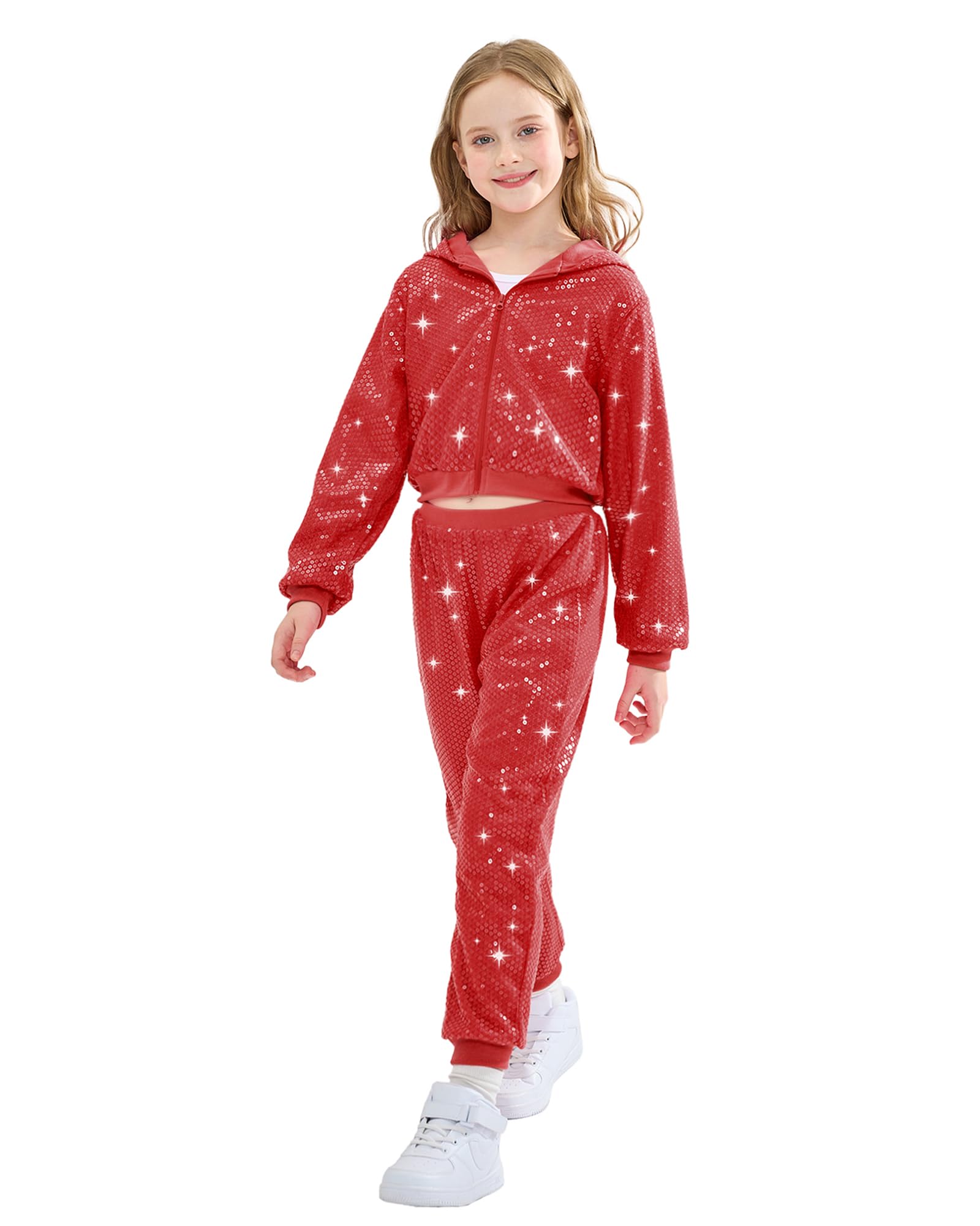 Lolanta Kids Dance Outfits Clothing Set Sequin Red Spring Fall Coat Trouser Hip-Hop Dance Costumes (Red, 8-9 Years)