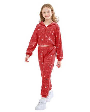 Lolanta Kids Dance Outfits Clothing Set Sequin Red Spring Fall Coat Trouser Hip-Hop Dance Costumes (Red, 8-9 Years)