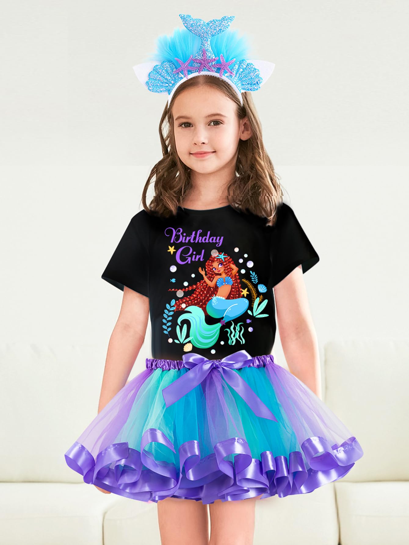 Doctor Unicorn Birthday Girls Mermaid Outfit Set Costume Tutu Skirt Dress, Mermaid Birthday Shirt, Headband & Satin Sash (White/
