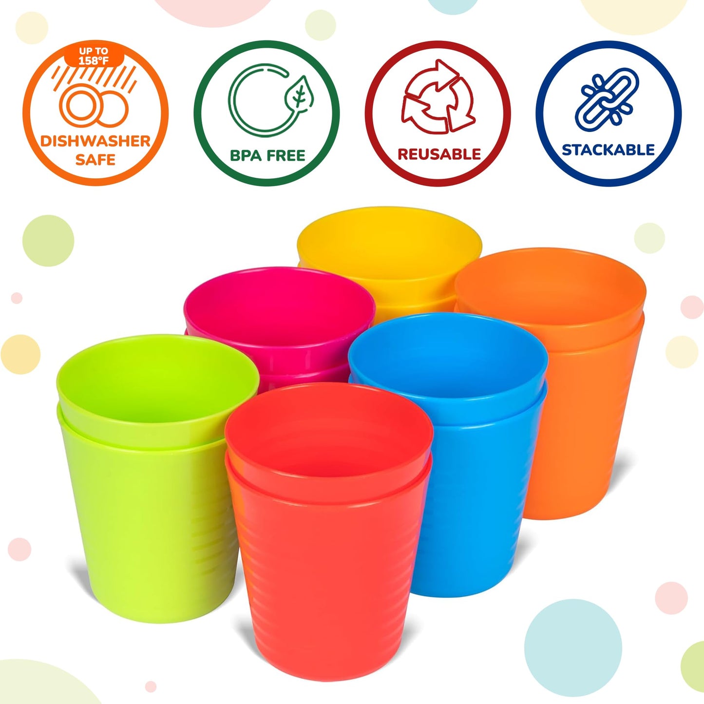 Plaskidy Kids Cups Set Of 12 Plastic Toddler Cups 8 Ounce Children Drinking Cups Tumblers - Reusable Dishwasher Safe Bpa Free Cu
