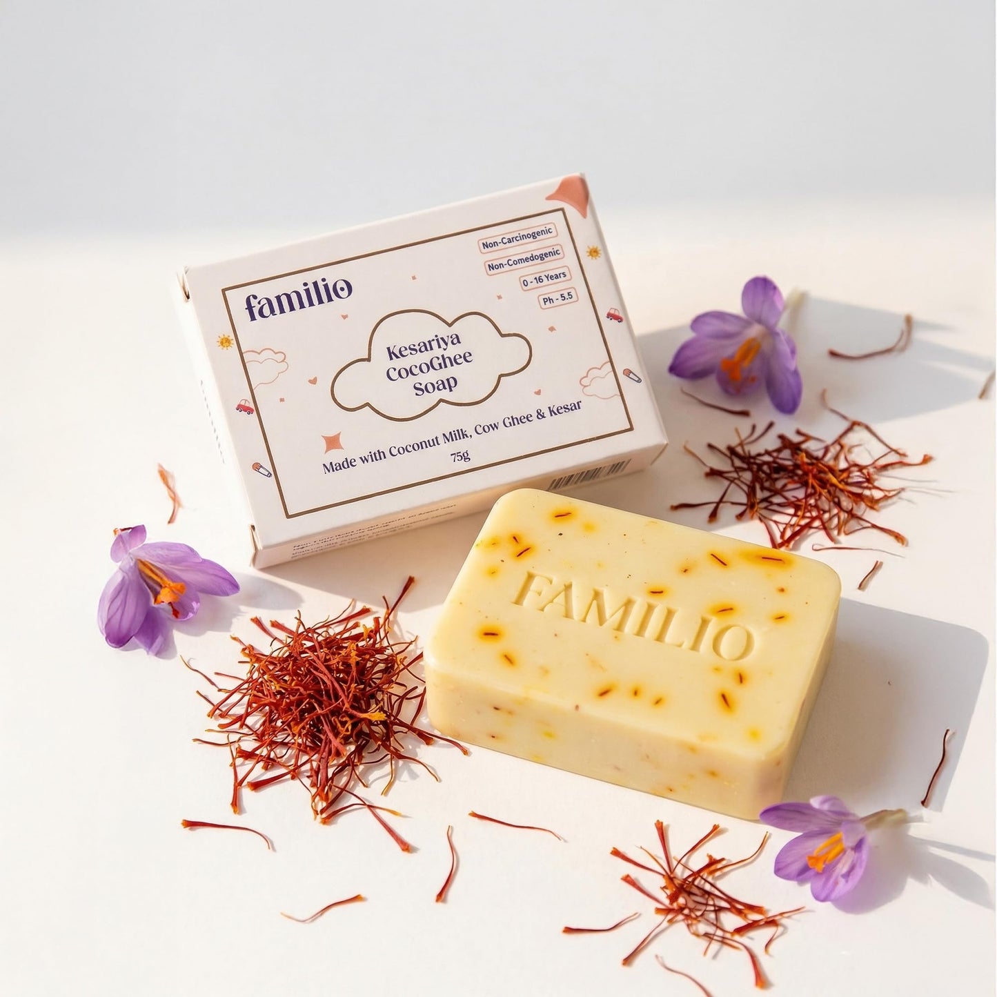 Familio Cocoghee Kesariya Kids Bathing Soap | Gentle Moisturizing Bar For Delicate Skin | With Coconut Oil, Cow Ghee & Kesar | M