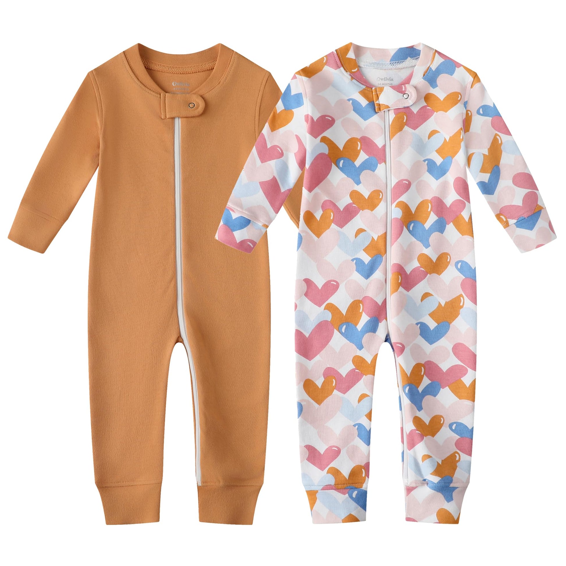 Owlivia Organic Cotton Baby Boy Girl Zip Up Sleep N Play, Footless, Long Sleeve(0-3 Months, Colorful Heart & Camel)