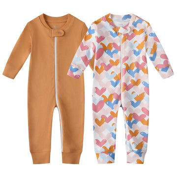 Owlivia Organic Cotton Baby Boy Girl Zip Up Sleep N Play, Footless, Long Sleeve(0-3 Months, Colorful Heart & Camel)