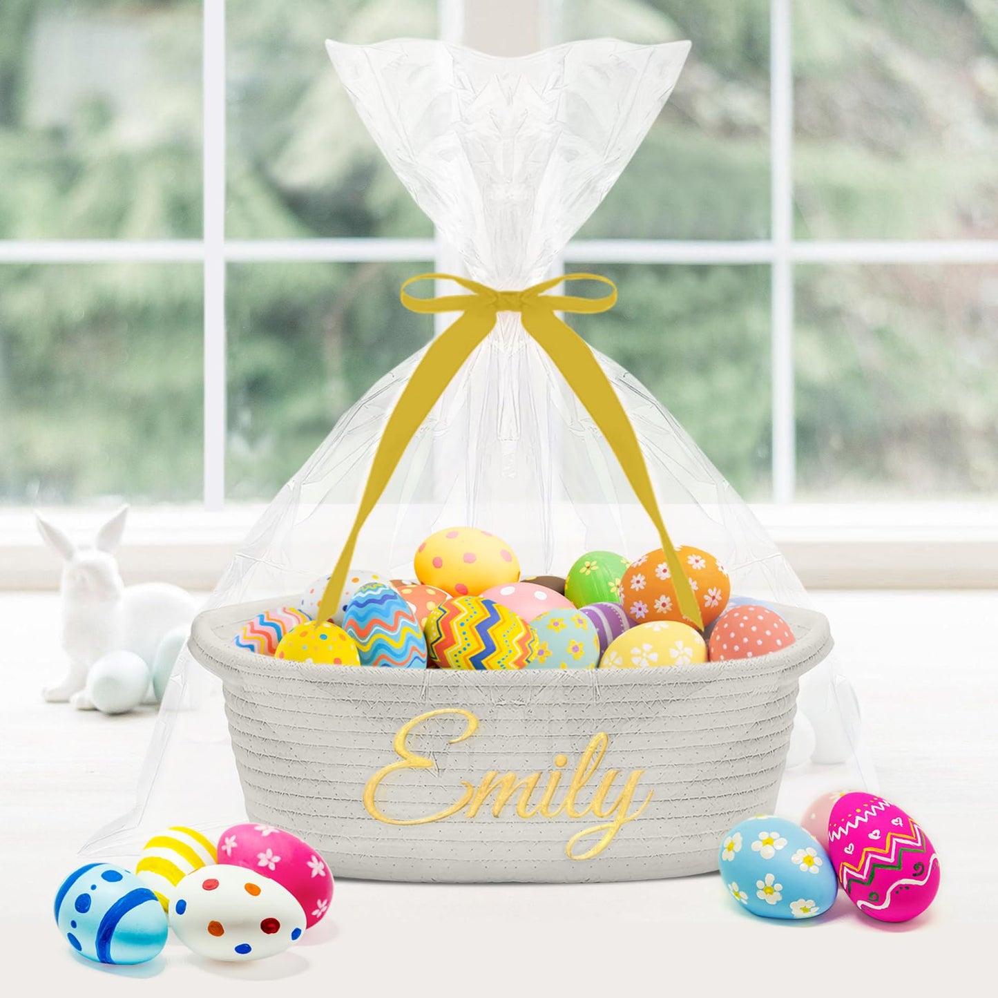 Hutario Personalized Woven Basket Embroidered Name With Gift Bags And Ribbons,Empty Small Rope Basket,Durable Storage Custom Whi